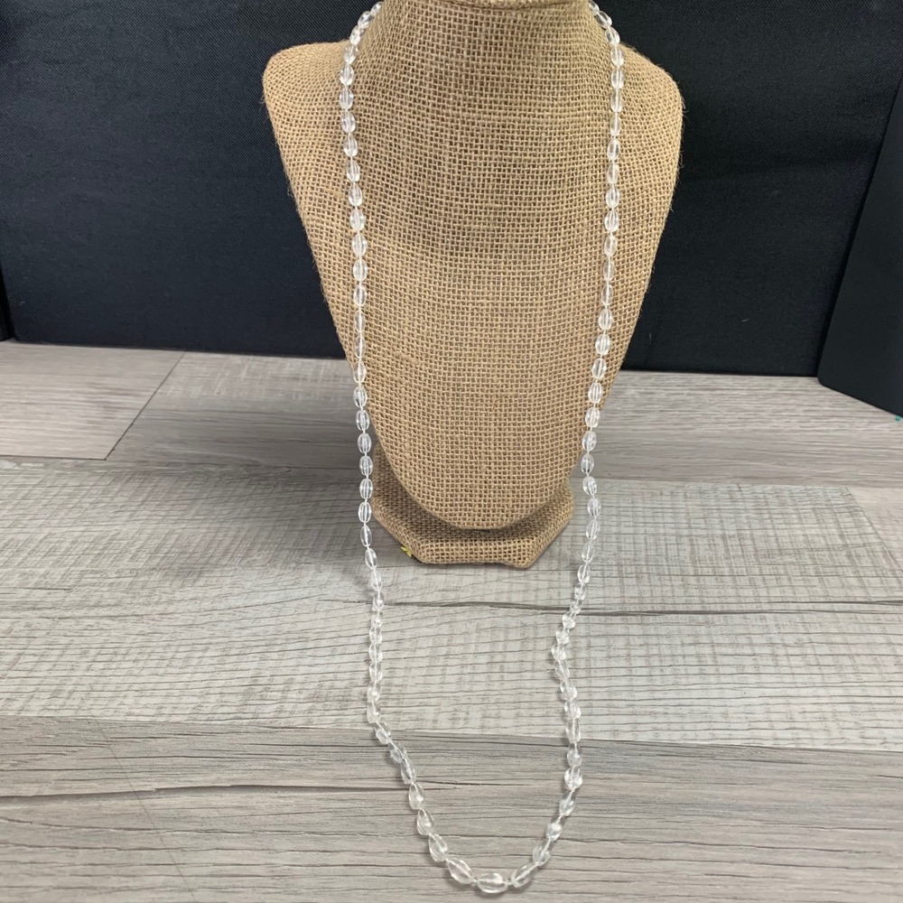 Vintage Clear Fluted Oval Bead Long Strand Necklace 40 Inch Continuous Loop